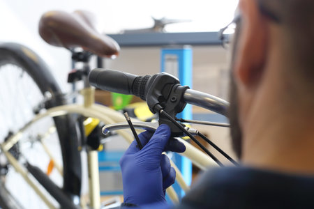 Technical review of the bike. The mechanic in the bike service repairs and adjusts the brakes.の写真素材