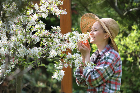 Happy woman smiles apple blossoms. Flowering fruit trees in the garden.の写真素材