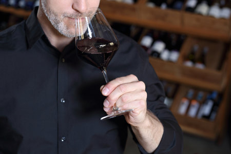 Red wine, man evaluates the color of wine in a glass.A handsome man judges the color of red wine.の写真素材