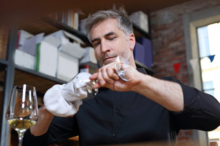 The waiter polishes the glass. A handsome bartender polishes a glass of wine glasses.の写真素材