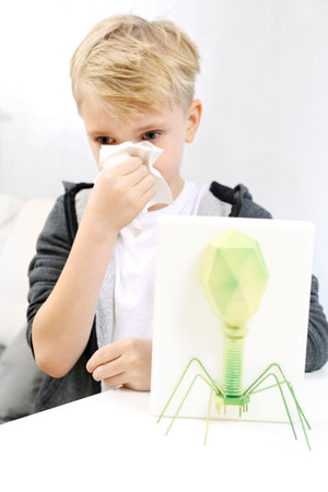 Runny nose in a child. Sick boy resting at home.の写真素材