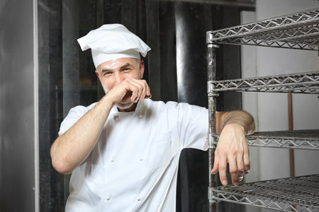Smiling chef in the kitchenの写真素材
