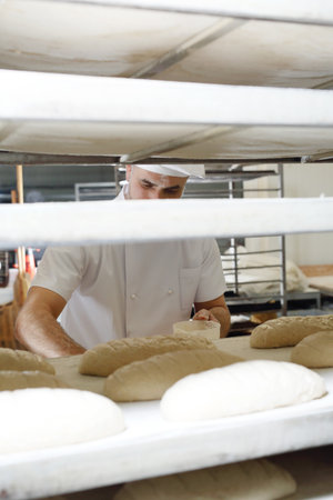 Baker. The process of baking breadの写真素材