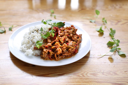 Lunch. Vegetable goulash served with rice.の写真素材