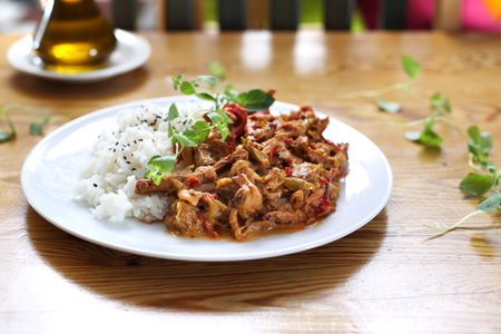 Dinner meal. Vegetable goulash served with rice.の写真素材