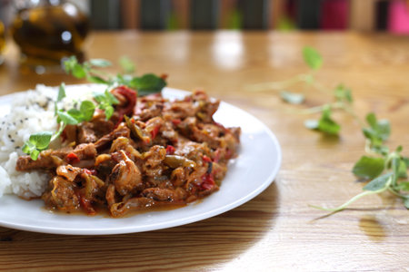 Goulash. Vegetable goulash served with rice.の写真素材