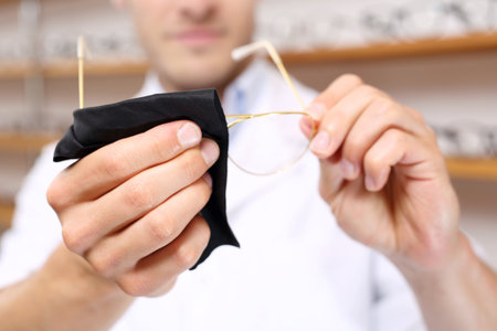 Cleaning glasses. The man cleans glasses.の写真素材