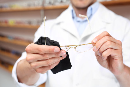 Cleaning glasses. Optician cleans glasses.の写真素材