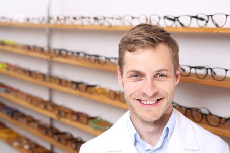 Optician. A smiling optician in the optical salon.の写真素材