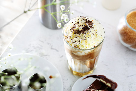 Ice coffee. Coffee with ice cream and whipped cream.の写真素材