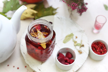 Natural cold remedies, raspberry and lime teaの写真素材
