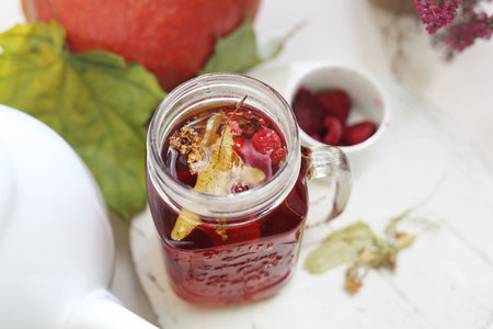 Herbal first aid kit, raspberry tea and linden for a cold.の写真素材