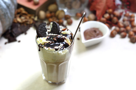 Coffee with whipped cream. Tasty coffee dessert coffee, whipped cream, chocolate, cookiesの写真素材