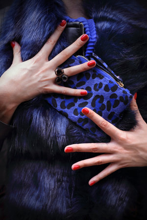 Elegant fashionable manicure. An elegant woman in a fur coat is holding a purse in her hand.の写真素材
