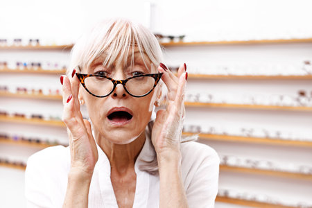 Prescription glasses for an old lady. An elderly woman in an optical salon chooses eyeglass frames.の写真素材