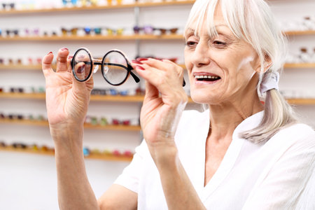 Defect of vision. A senior woman in an optical salon chooses eyeglass frames.の写真素材