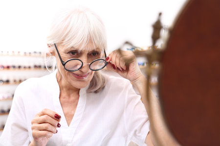 Glasses. Optician. An elderly woman in an optical salonの写真素材