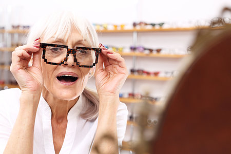 Optician. An elderly woman in an optical salonの写真素材