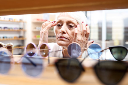 An elderly woman in an optical salon chooses eyeglass frames.の写真素材