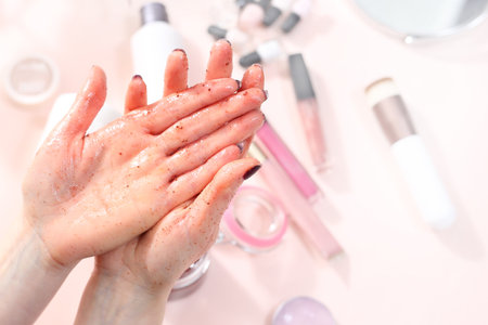 Home care treatments. A woman is making a peeling palm of her hand.の写真素材