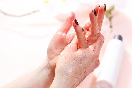 Exfoliating peeling, A woman is making a peeling palm of her hand.の写真素材