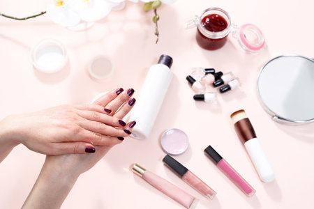 Hand creaming. The woman is rubbing the cream on her hands.の写真素材