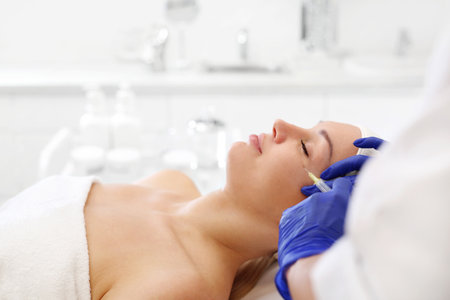Injecting with hyaluronic acid. A patient in a cosmetic clinic, a beautician performs an injection procedure.の写真素材