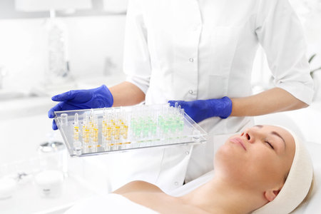 Cosmetic ampoules. The beautician holds her hands with cosmetic preparations in her hand.の写真素材