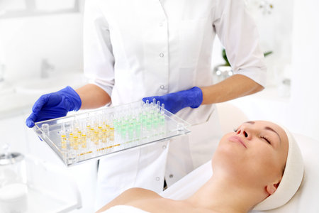 Cosmetics in an ampoule. The beautician holds her hands with cosmetic preparations in her hand.の写真素材