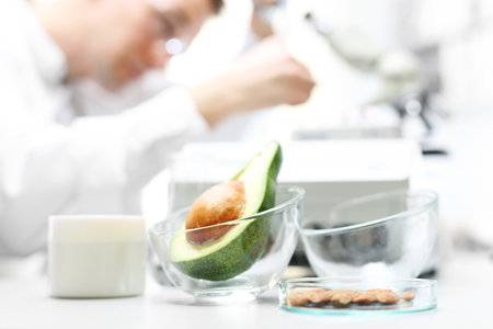 Microscope, examination of food. The biotechnology analyzing the composition of the collected sample.の写真素材