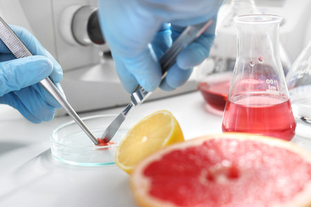 Science experience. The chemist examines the preparation on a Petri dish in a laboratory.の写真素材