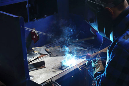 Welder. The man is welding in the workshop.の写真素材
