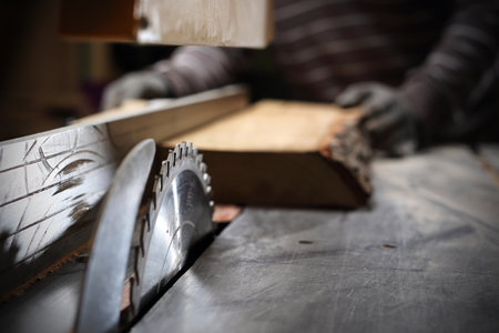 Wood cuting. Carpentry workshop.の写真素材