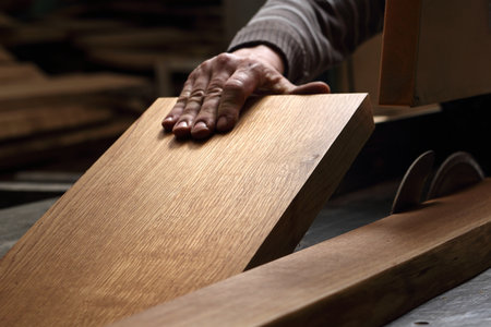 Sawing wood. A carpenter cuts a plank on a circular saw.