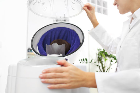 Hair moisturizing. A woman on a hair care treatment in a trichologist's office.の写真素材