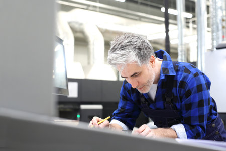 Printer. The man checks the print quality.