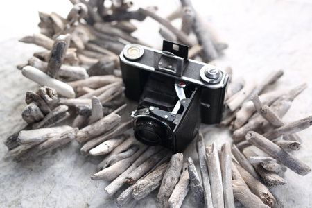 Old camera collector equipment, composition on a retro decoration background.の写真素材