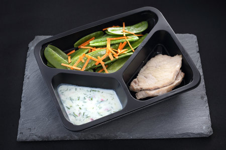 Dinner meal in a box diet. Chicken in herbs with yogurt sauce with green saladの写真素材