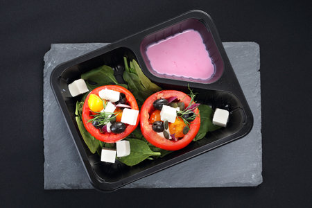 Tomatoes stuffed with olives, feta cheese, spinach served in a plastic container.の写真素材