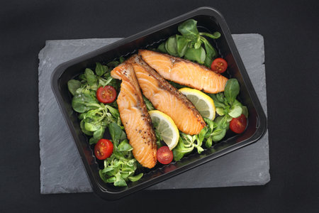 Ready take-away dish packed in a lunch boxの写真素材
