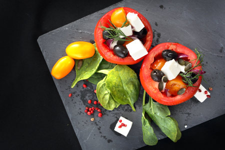 Tomatoes stuffed with olives, feta cheese, spinach served on a black plate.の写真素材