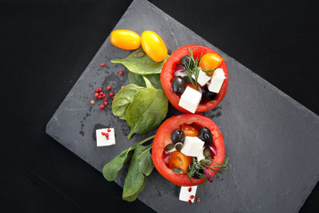 Tomatoes stuffed with olives, feta cheese, spinach served in a plastic container.の写真素材