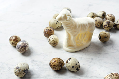 Easter composition with eggs and shells, top view. Ecological style.の写真素材
