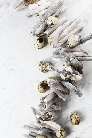 Easter composition with eggs and shells, top view. Ecological style.の写真素材