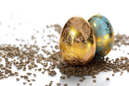 Easter composition with eggs and shells, top view. Ecological style.の写真素材