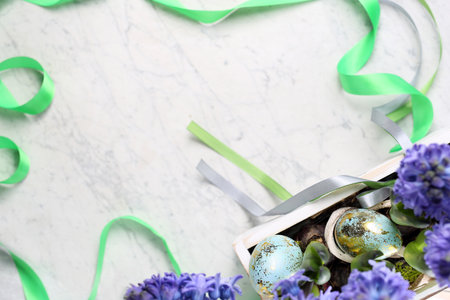 Easter composition with eggs and shells, top view. Ecological style.の写真素材