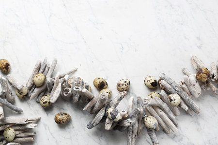 Easter composition with eggs and shells, top view. Ecological style.の写真素材