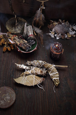 Herbs for energy purification. Incense with white sage and cedar herbs.の写真素材
