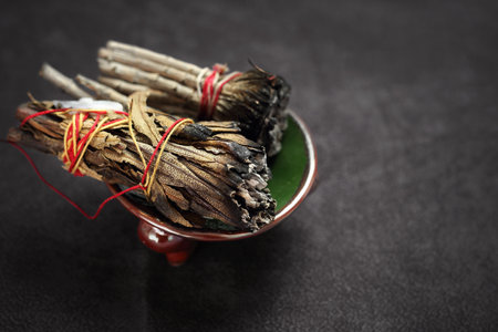 Herbs for energy purification. Incense with white sage and cedar herbs.