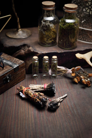 Divination and spells. Incense with white sage and cedar herbs.の写真素材